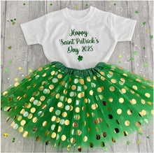 Load image into Gallery viewer, Happy Saint Patrick&#39;s Day 2025 Outfit, Girls Paddy&#39;s Day Irish White T-Shirt And Green Polka Dot Tutu Skirt
