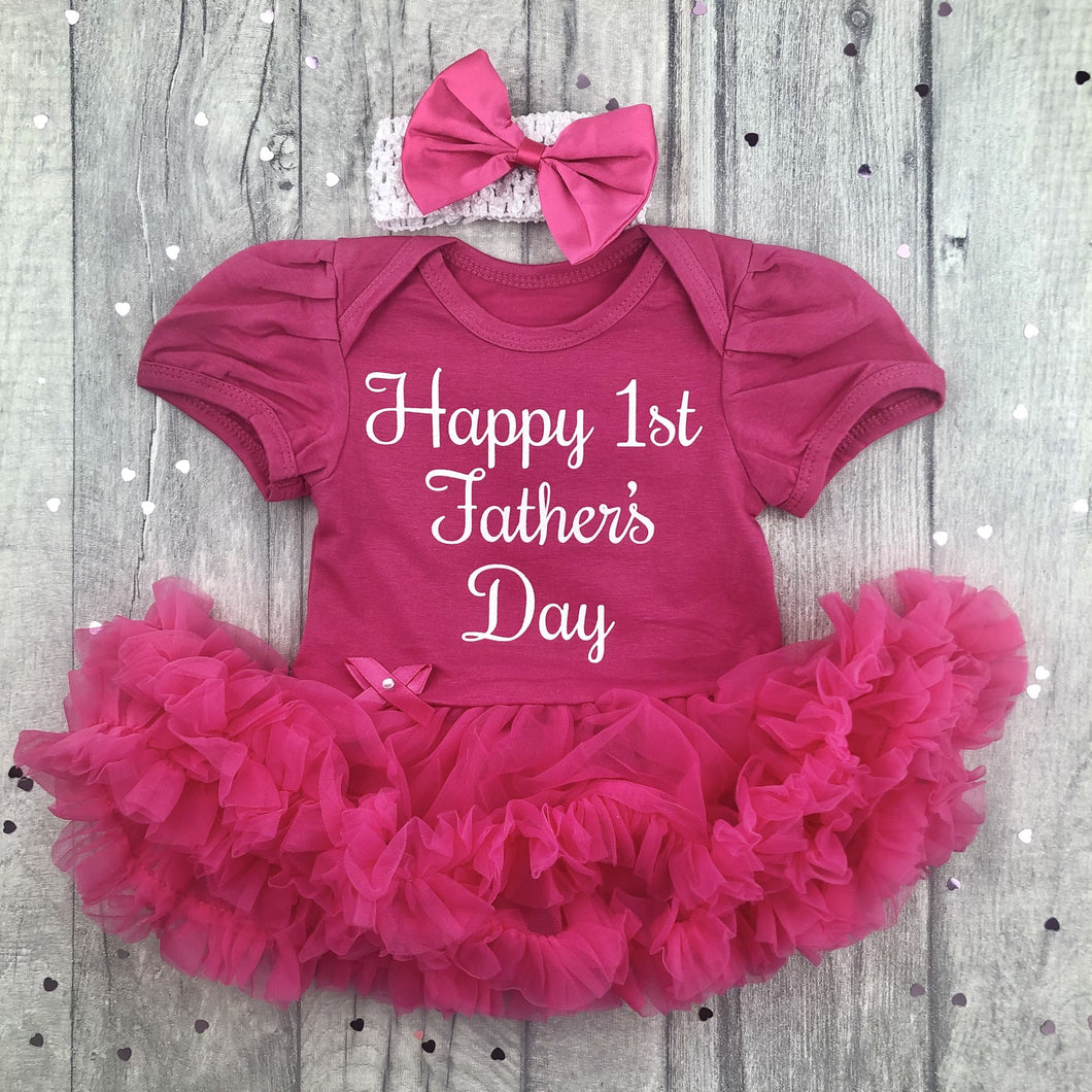 Happy 1st Father's Day Dark Pink Tutu Romper with White Glitter Text