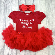 Happy 1st Mother's Day Mummy Baby Girl Tutu Romper With Headband, White Glitter Hearts Design