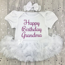 Load image into Gallery viewer, Happy Birthday Grandma Baby Girl Tutu Romper With Matching Bow Headband, Dark Pink Glitter Design
