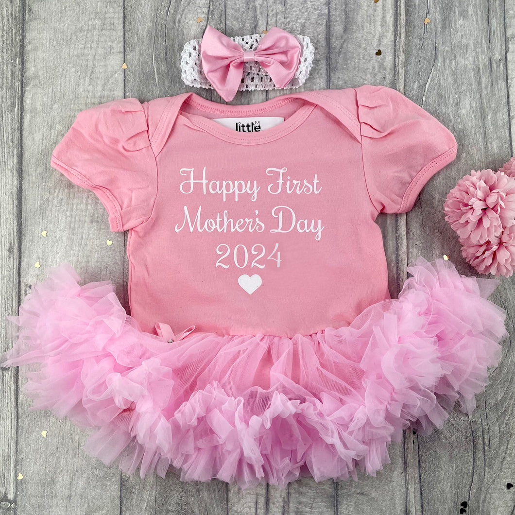 Happy First Mother's Day 2024 Baby Girl Tutu Romper With Headband, White Glitter
