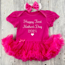 Load image into Gallery viewer, Happy First Mother&#39;s Day 2024 Baby Girl Tutu Romper With Headband, White Glitter
