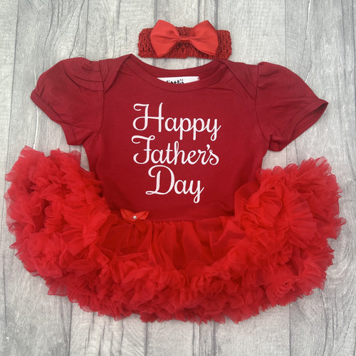 Baby girls short sleeve red tutu romper with bow headband above. The tutu romper features white script lettering saying Happy Father's Day.