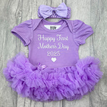 Load image into Gallery viewer, Baby girls short sleeve lilac tutu romper with bow headband above. The tutu romper features white script font lettering saying Happy First Mother&#39;s Day 2025
