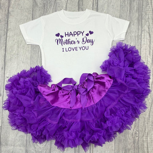 Girls white t-shirt and purple tutu skirt. The top features purple love heart design and lettering saying Happy Mother's Day I Love You.