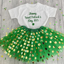 Load image into Gallery viewer, Happy Saint Patrick&#39;s Day 2025 Outfit, Girls Paddy&#39;s Day Irish White T-Shirt And Green Polka Dot Tutu Skirt
