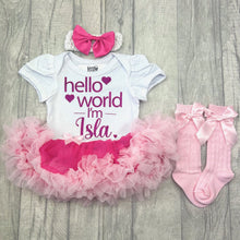 Load image into Gallery viewer, Pink Personalised Hello World Tutu Romper With Matching Bow Headband And Socks
