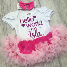 Load image into Gallery viewer, Pink Personalised Hello World Tutu Romper With Matching Bow Headband And Socks
