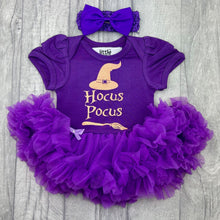 Load image into Gallery viewer, Hocus Pocus Tutu Romper with Matching Bow Headband Baby Girl Halloween Witch Outfit
