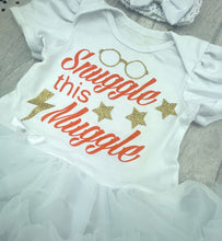 Load image into Gallery viewer, Harry Potter Baby Outfit, Snuggle This Muggle Baby Girl Tutu Romper With Matching Bow Headband
