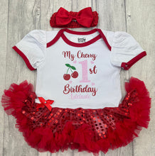 Load image into Gallery viewer, Personalised Cherry Birthday Tutu Romper Dress with Headband
