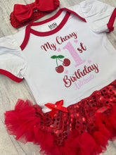 Load image into Gallery viewer, Personalised Cherry Birthday Tutu Romper Dress with Headband
