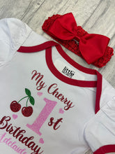 Load image into Gallery viewer, Personalised Cherry Birthday Tutu Romper Dress with Headband

