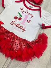 Load image into Gallery viewer, Personalised Cherry Birthday Tutu Romper Dress with Headband
