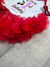 Load image into Gallery viewer, Personalised Cherry Birthday Tutu Romper Dress with Headband
