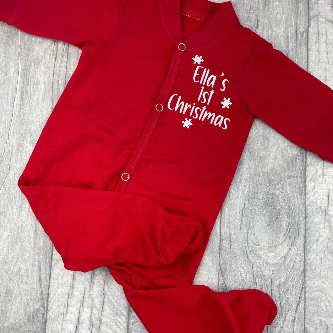 Personalised 1st Christmas Red Sleepsuit with White Glitter Snowflakes, First Christmas Sleepwear