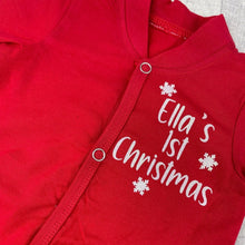 Load image into Gallery viewer, Personalised 1st Christmas Red Sleepsuit with White Glitter Snowflakes, First Christmas Sleepwear - Little Secrets Clothing
