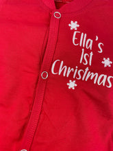 Load image into Gallery viewer, Personalised 1st Christmas Red Sleepsuit with White Glitter Snowflakes, First Christmas Sleepwear
