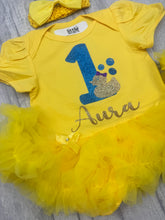 Load image into Gallery viewer, Personalised Rubber Duck 1st Birthday Yellow Tutu Romper Outfit with Headband
