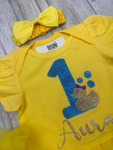 Load image into Gallery viewer, Personalised Rubber Duck 1st Birthday Yellow Tutu Romper Outfit with Headband
