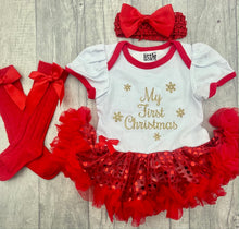 Load image into Gallery viewer, Baby Girls First Christmas, Red &amp; White Sequin Tutu Romper With Luxury Knee High Socks and Bow Headband,

