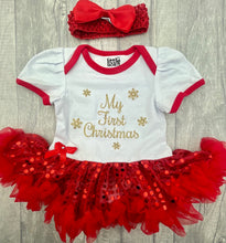 Load image into Gallery viewer, Baby Girls First Christmas, Red &amp; White Sequin Tutu Romper With Luxury Knee High Socks and Bow Headband,
