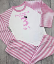 Load image into Gallery viewer, Personalised Baby Girl Birthday Mouse Polka Dot Pyjamas ‘When I Wake Up I Will Be…’ Pink Stripe Cotton PJ Set (Copy)
