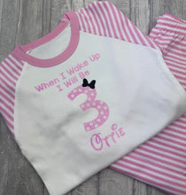 Load image into Gallery viewer, Personalised Baby Girl Birthday Mouse Polka Dot Pyjamas ‘When I Wake Up I Will Be…’ Pink Stripe Cotton PJ Set (Copy)
