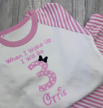 Load image into Gallery viewer, Personalised Baby Girl Birthday Mouse Polka Dot Pyjamas ‘When I Wake Up I Will Be…’ Pink Stripe Cotton PJ Set (Copy)
