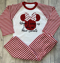 Load image into Gallery viewer, Personalised Minnie Mouse When I Wake Up I Will Be Red And White Stripe Birthday Pyjamas - Little Secrets Clothing
