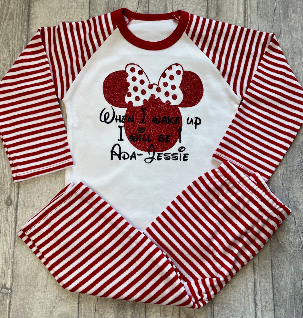 Personalised Minnie Mouse When I Wake Up I Will Be Red And White Stripe Birthday Pyjamas