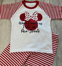 Load image into Gallery viewer, Personalised Minnie Mouse When I Wake Up I Will Be Red And White Stripe Birthday Pyjamas
