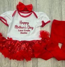 Load image into Gallery viewer, Baby Girl Happy Mother&#39;s Day Outfit, Red and White Sequin Tutu Romper with Matching Socks Or Tights
