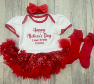 Baby Girl Happy Mother's Day Outfit, Red and White Sequin Tutu Romper with Matching Socks Or Tights