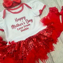 Load image into Gallery viewer, Baby Girl Happy Mother&#39;s Day Outfit, Red and White Sequin Tutu Romper with Matching Socks Or Tights

