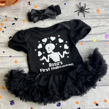Load image into Gallery viewer, Personalised Funny Bones First Halloween Tutu Romper, Baby Girls Skeleton Outfit
