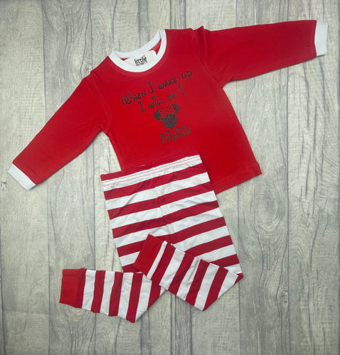 Disney Minnie Mouse When I Wake Up I Will Be Red And White Stripe Personalised Birthday Pyjamas - Little Secrets Clothing