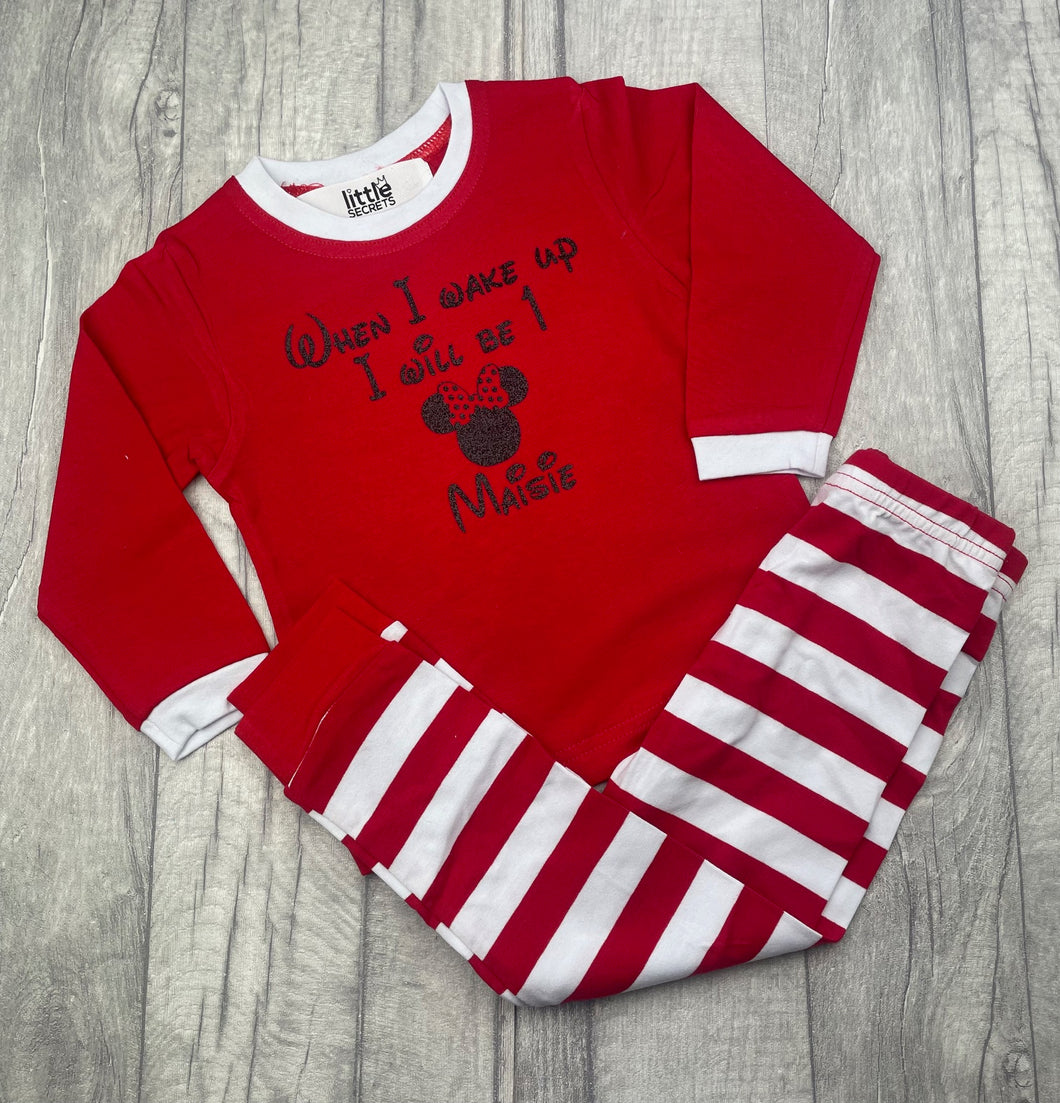 Disney Minnie Mouse When I Wake Up I Will Be Red And White Stripe Personalised Birthday Pyjamas