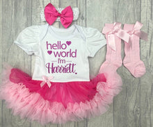 Load image into Gallery viewer, Pink Personalised Hello World Tutu Romper With Matching Bow Headband And Socks - Little Secrets Clothing
