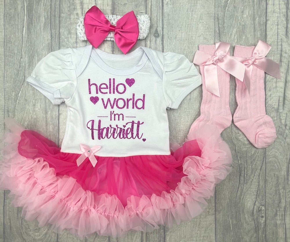 Pink Personalised Hello World Tutu Romper With Matching Bow Headband And Socks - Little Secrets Clothing