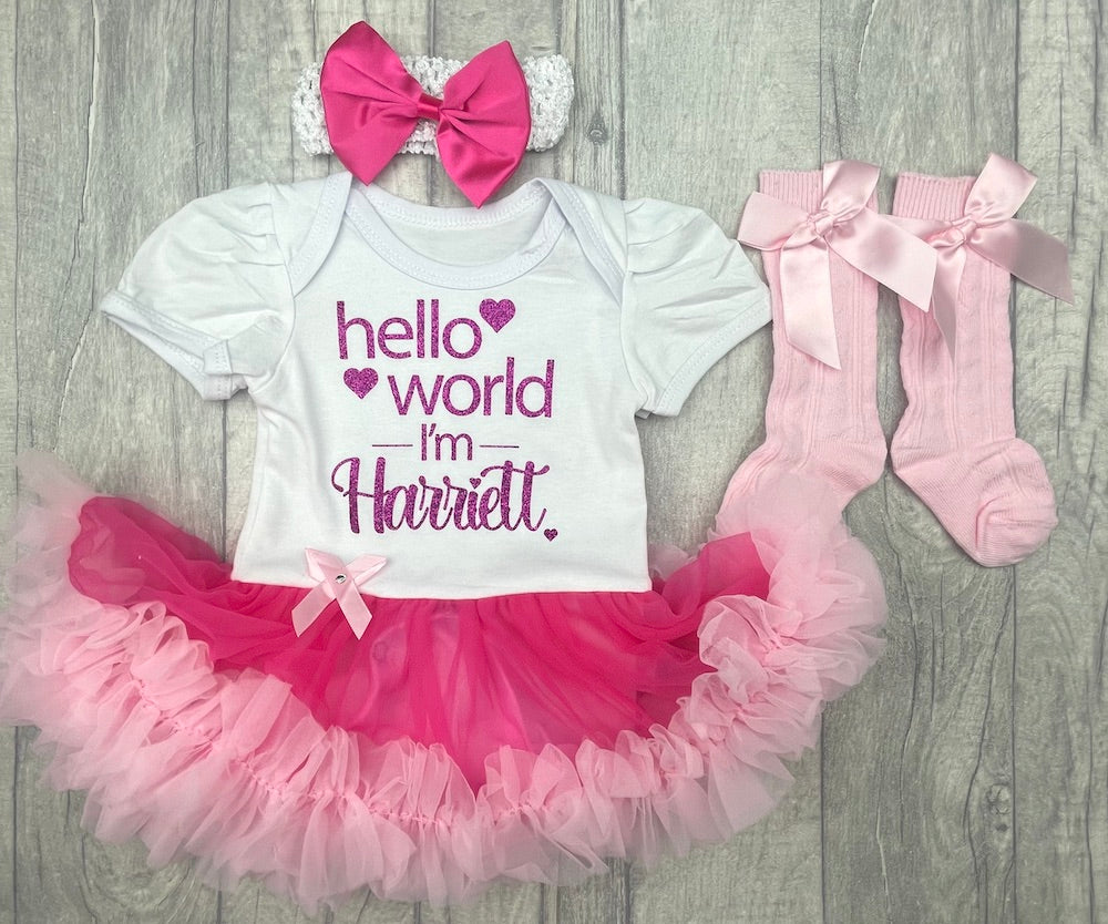 Pink Personalised Hello World Tutu Romper With Matching Bow Headband And Socks