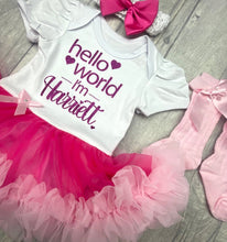 Load image into Gallery viewer, Pink Personalised Hello World Tutu Romper With Matching Bow Headband And Socks - Little Secrets Clothing
