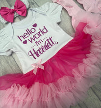 Load image into Gallery viewer, Pink Personalised Hello World Tutu Romper With Matching Bow Headband And Socks - Little Secrets Clothing
