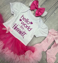 Load image into Gallery viewer, Pink Personalised Hello World Tutu Romper With Matching Bow Headband And Socks - Little Secrets Clothing
