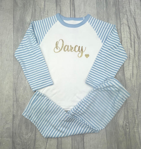 Personalised Blue and White Pyjamas with gold glitter - Little Secrets Clothing