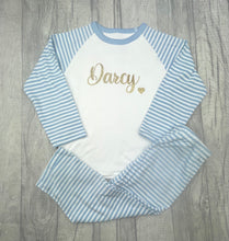 Load image into Gallery viewer, Personalised Blue and White Pyjamas with gold glitter
