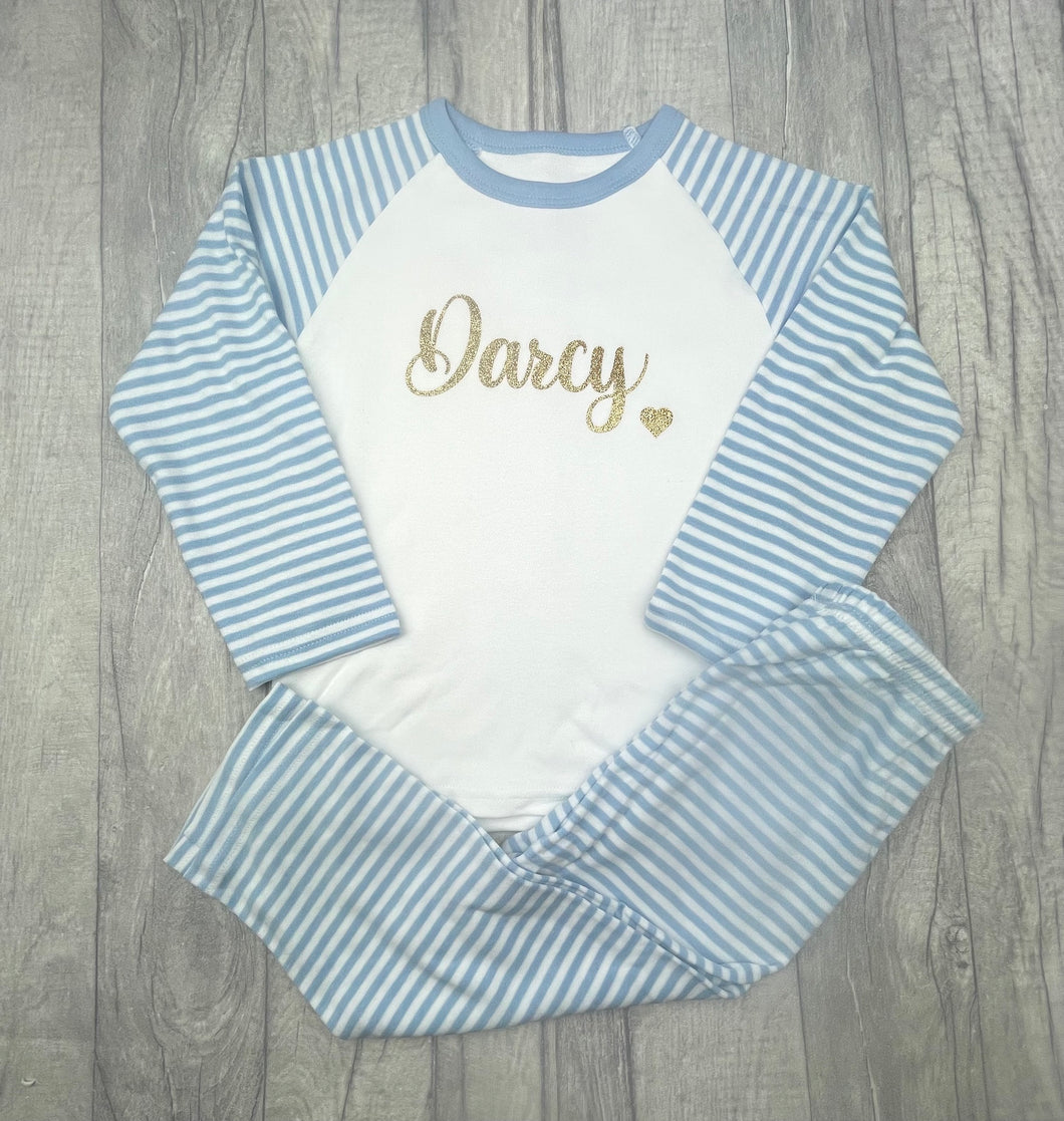 Personalised Blue and White Pyjamas with gold glitter