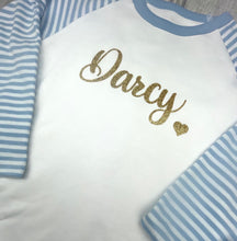 Load image into Gallery viewer, Personalised Blue and White Pyjamas with gold glitter
