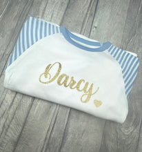 Load image into Gallery viewer, Personalised Blue and White Pyjamas with gold glitter
