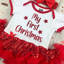 Load image into Gallery viewer, My 1st Christmas, Baby Girl Red and White Sequin Tutu Romper
